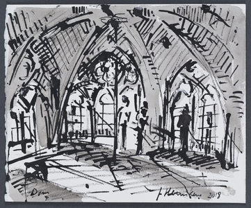 203049 Afbeelding van het gewelf van de lantaarn van de Domtoren te Utrecht met steigers, tijdens de restauratie.